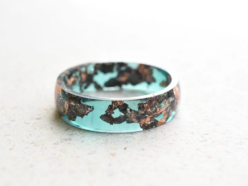 Emerald Green Resin Ring with Rose Gold Flakes – May Birthstone Gift – Handmade Alternative Jewelry – Unique Green Ring