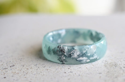 Mint Faceted Resin Ring with Silver Leaf – Dainty Stacking Promise Ring, Hypoallergenic Turquoise Engagement Band, Handmade Gift for Her