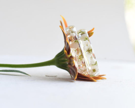 Anxiety Ring | Mindfulness Real Flower Resin Band | White Alyssum Calm Symbol | Mental Health Gift Jewelry | Optional Gold Leaf