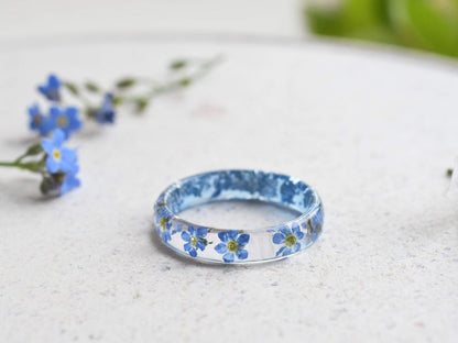 Best Friend Distance Ring | Half Forget‑Me‑Not Half Aquamarine | You & Me Resin Band | Silver Flakes | Meaningful Gift